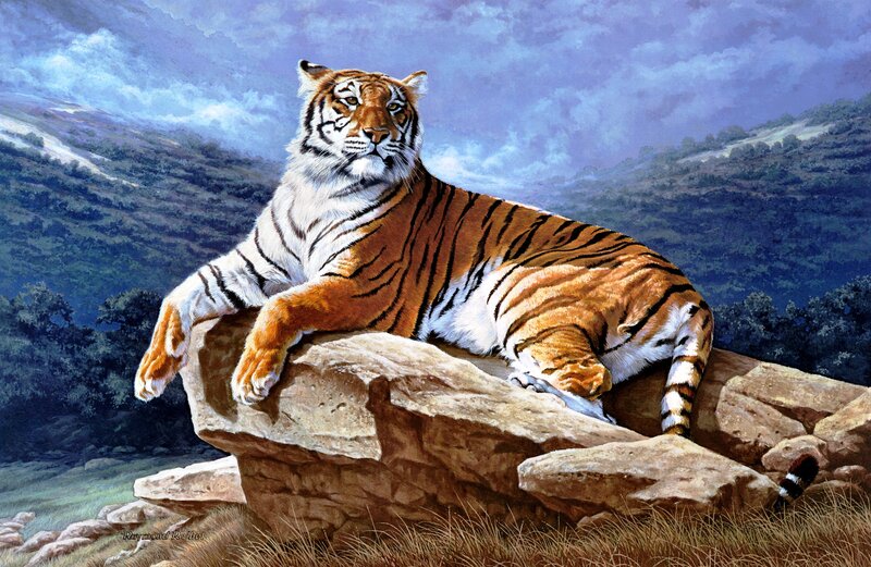 Tiger on a Rock — Orange, Dramatic, Painting