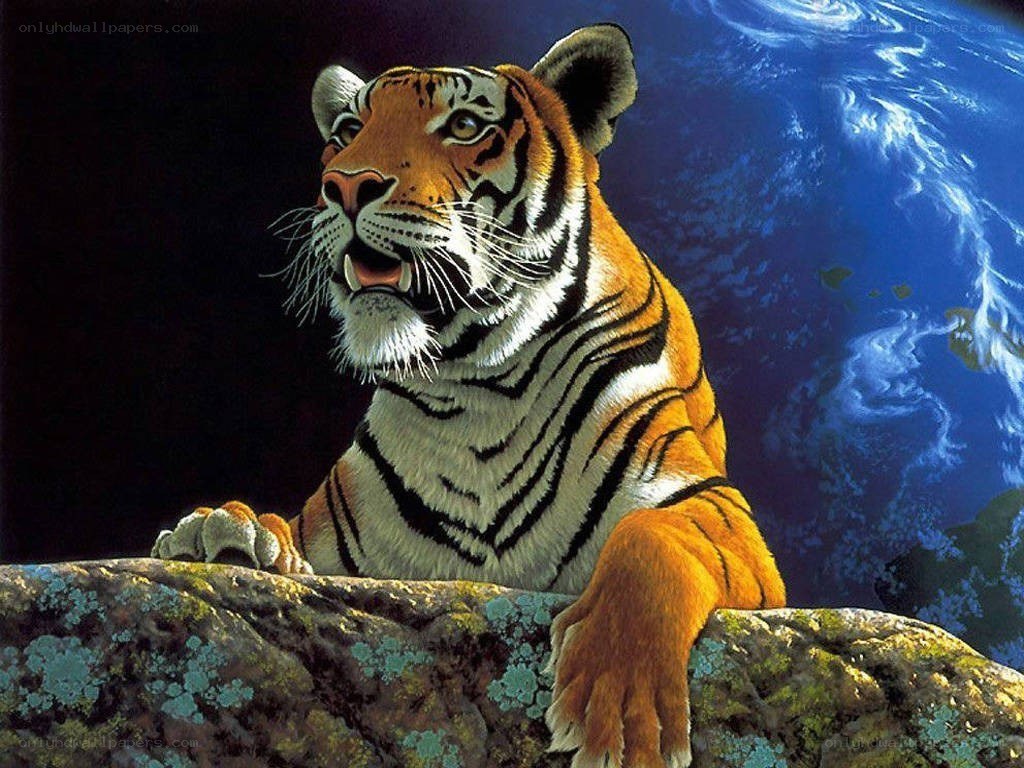 Tiger on a rock with Earth