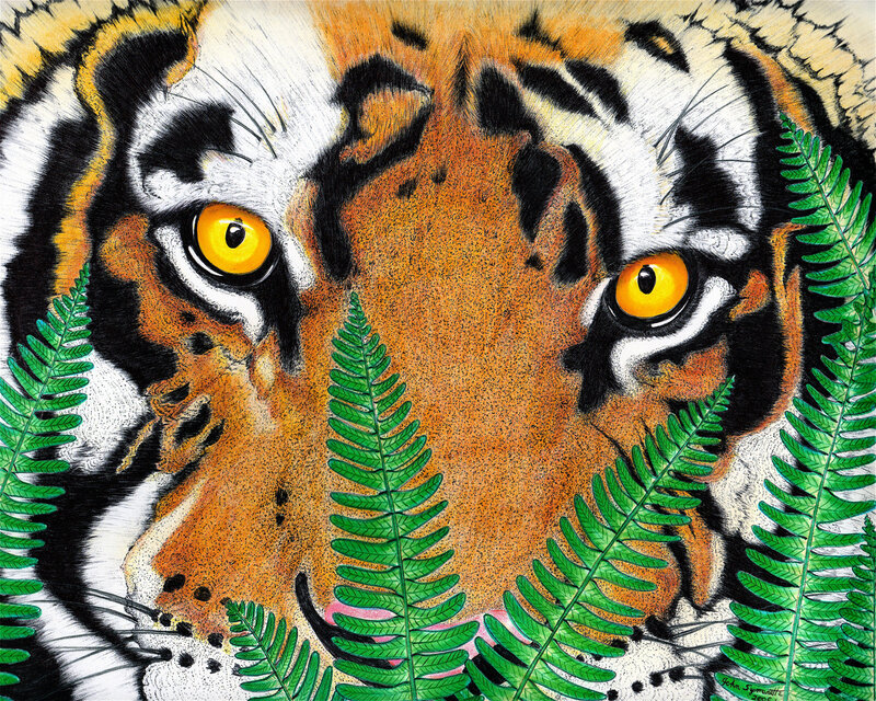 tiger portrait with ferns