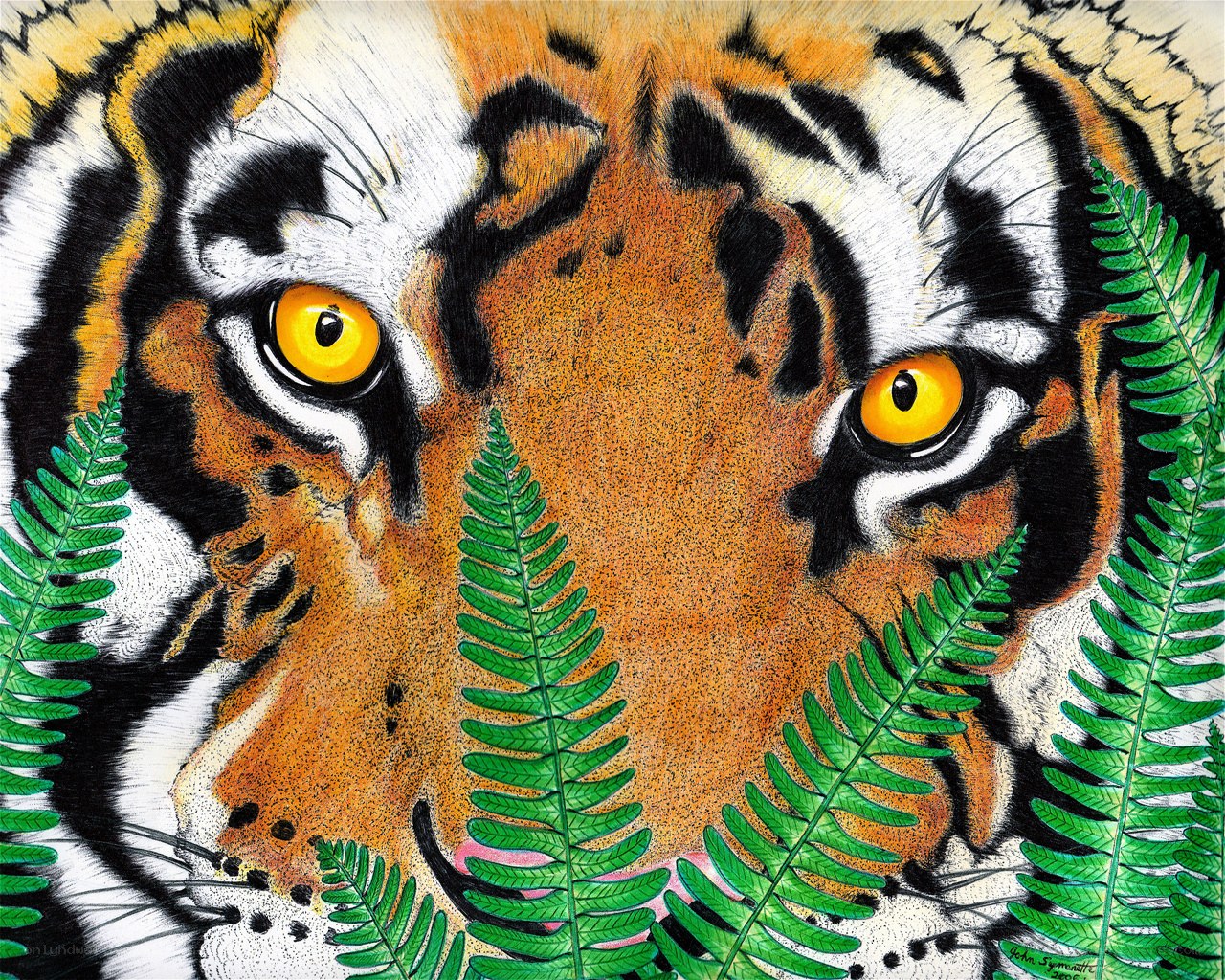 tiger portrait with ferns