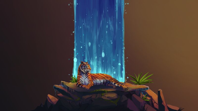 Tiger Resting by Waterfall — Blue