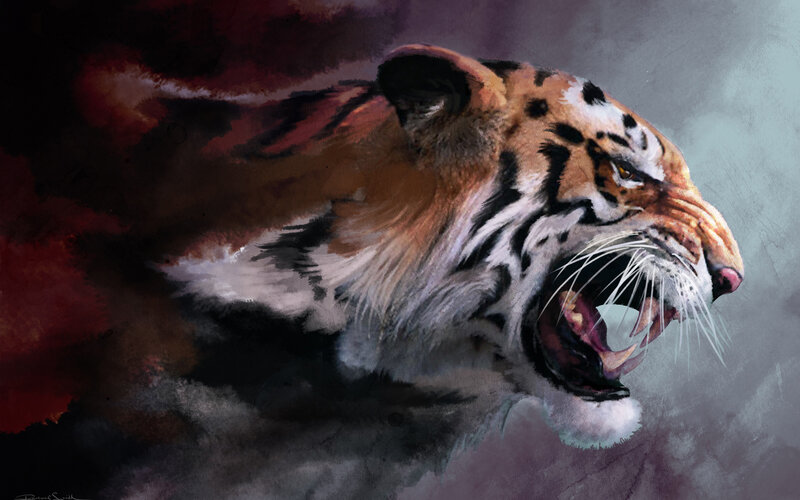Tiger Roaring in Profile — Orange