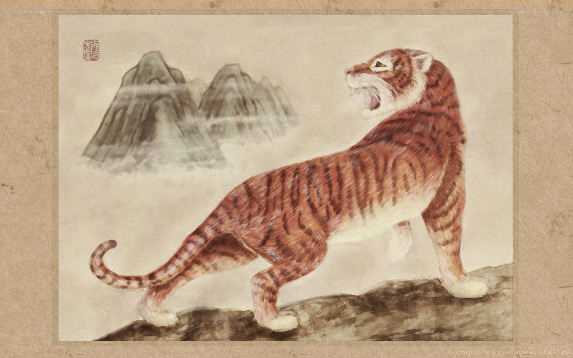 tiger roaring on a mountain