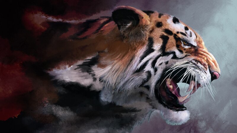 Tiger Roaring — Orange, Dramatic, Digital Art, Stripes