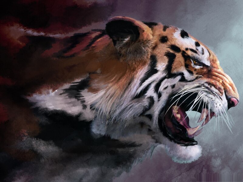 Tiger Roaring — Orange, Dramatic, Painting