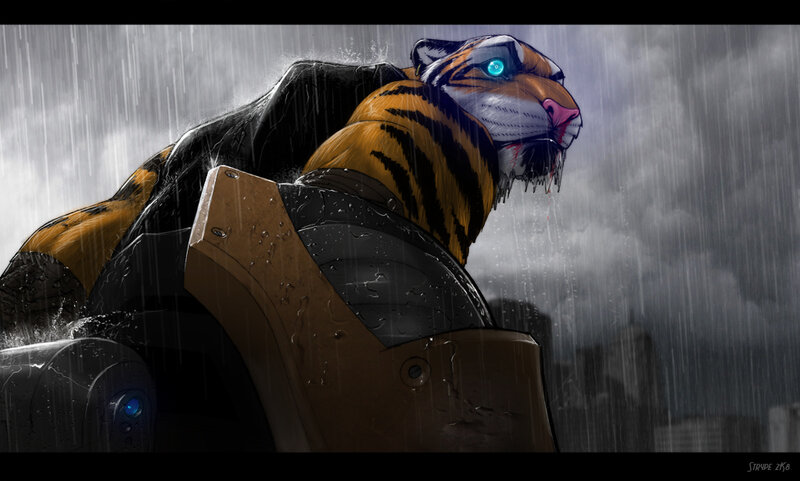 tiger robot in the rain