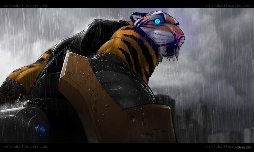 tiger robot in the rain