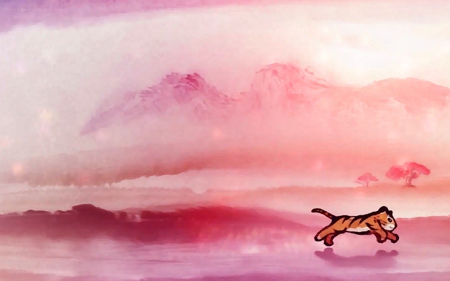 tiger running in pink landscape
