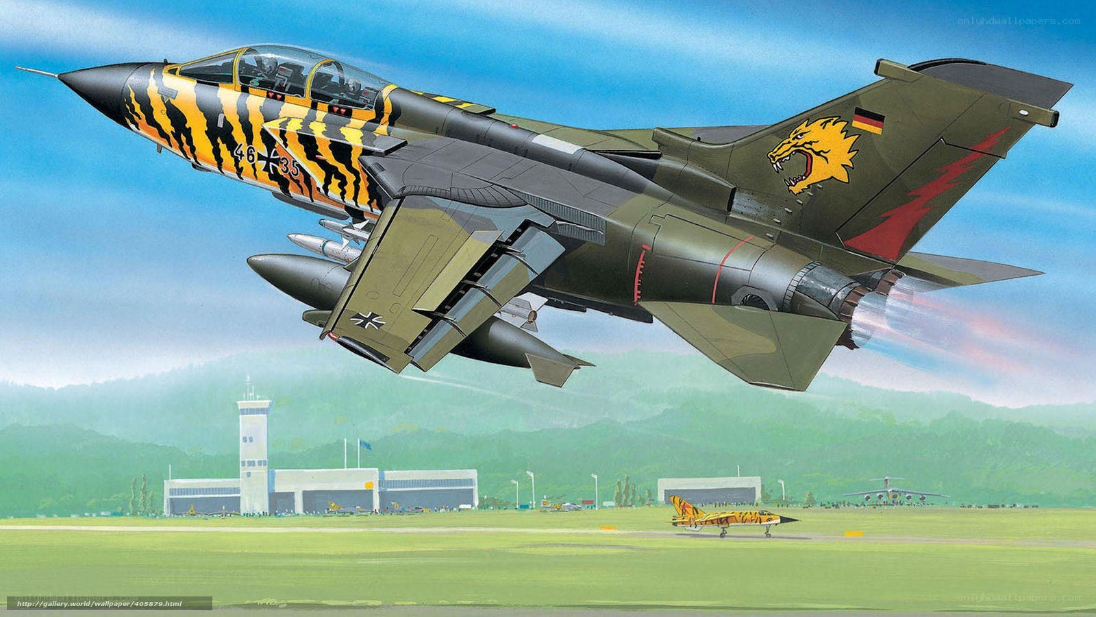 Tiger-striped fighter jet in flight