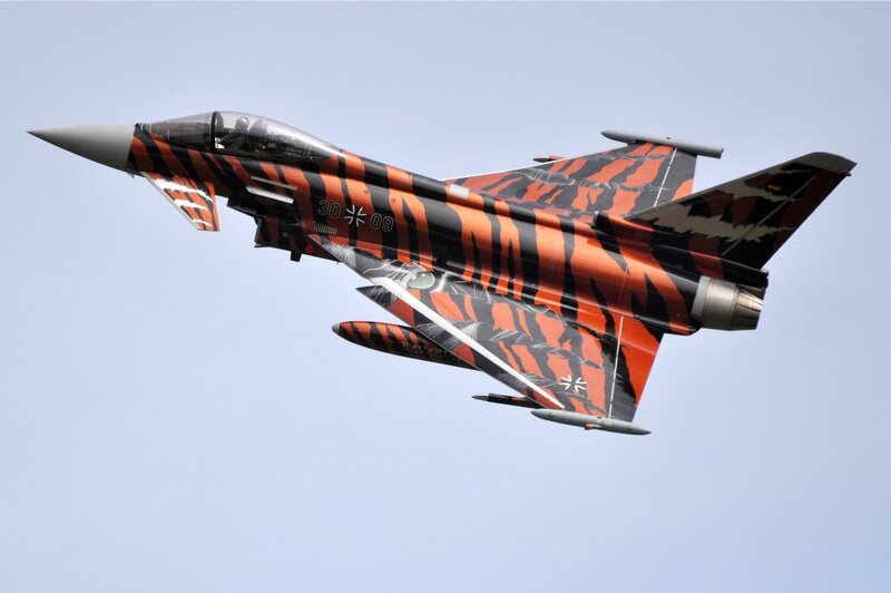 Tiger-striped Jet Fighter — Orange, Dynamic, Afternoon