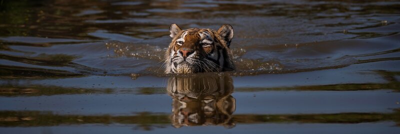 Tiger Swimming in Water — Brown, Calm, Afternoon