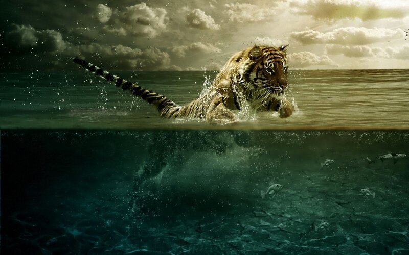 Tiger Swimming in Water — Green, Dramatic, Afternoon, Digital Art