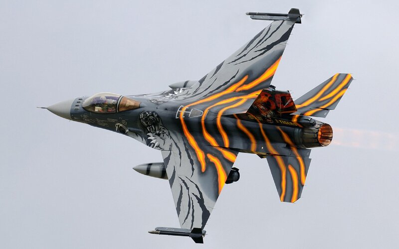 Tiger-themed Fighter Jet — Gray, Dynamic, Photograph