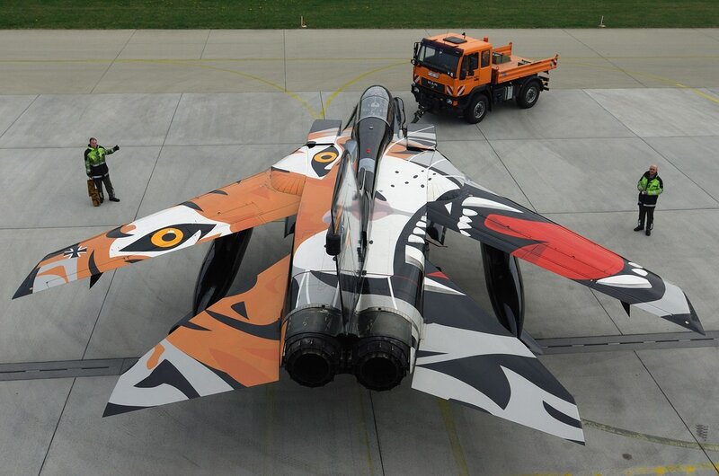 Tiger-themed fighter jet on tarmac