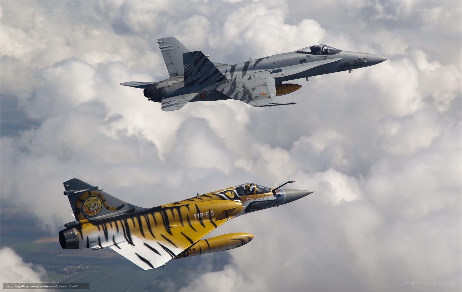 Tiger-themed fighter jets in flight