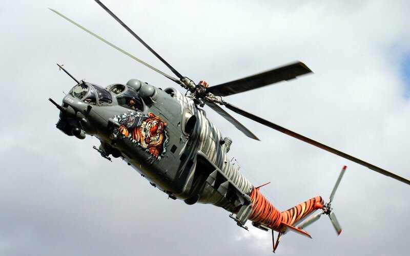 Tiger-themed military helicopter in flight