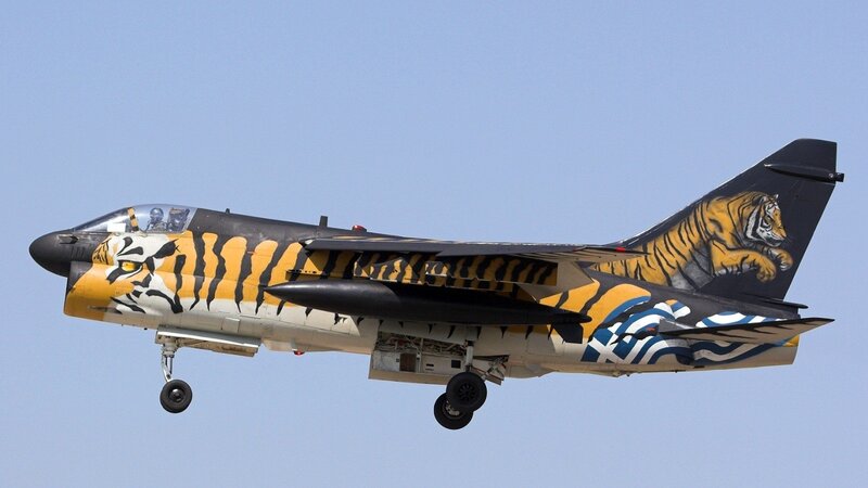 Tiger-themed military jet in flight