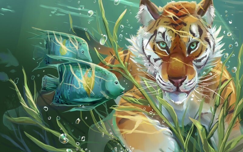 Tiger Underwater — Green, Serene