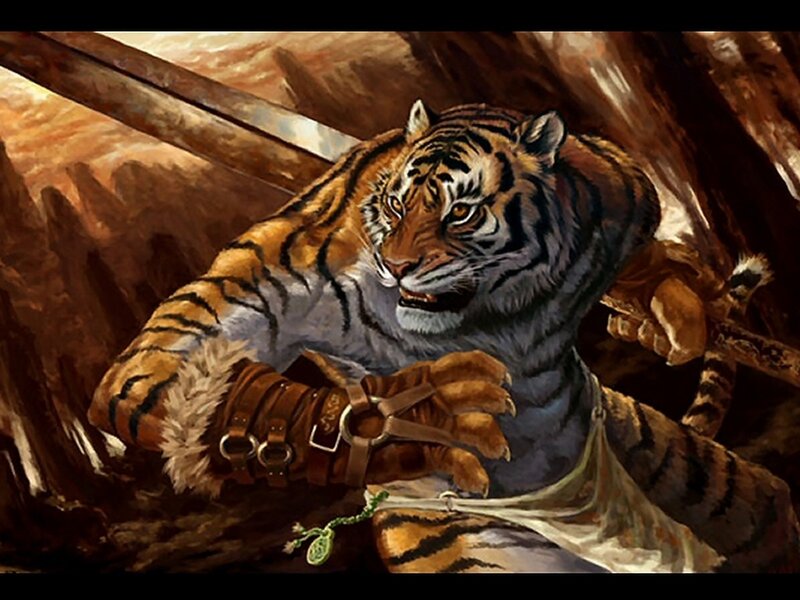 Tiger Warrior in Cave — Brown, Dramatic, Digital Art
