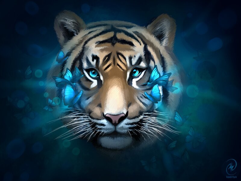 Tiger with Blue Butterflies
