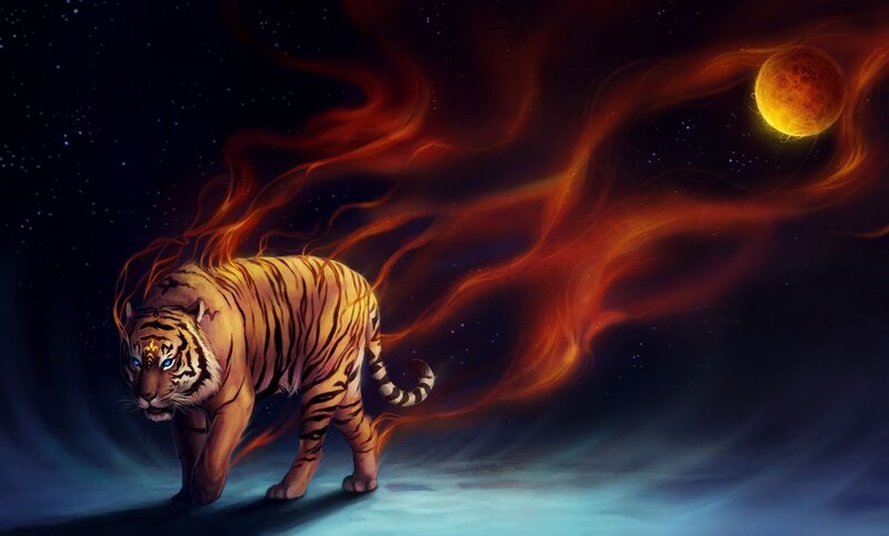 Tiger with Fire Aura — Orange, Dramatic, Night, Digital Art