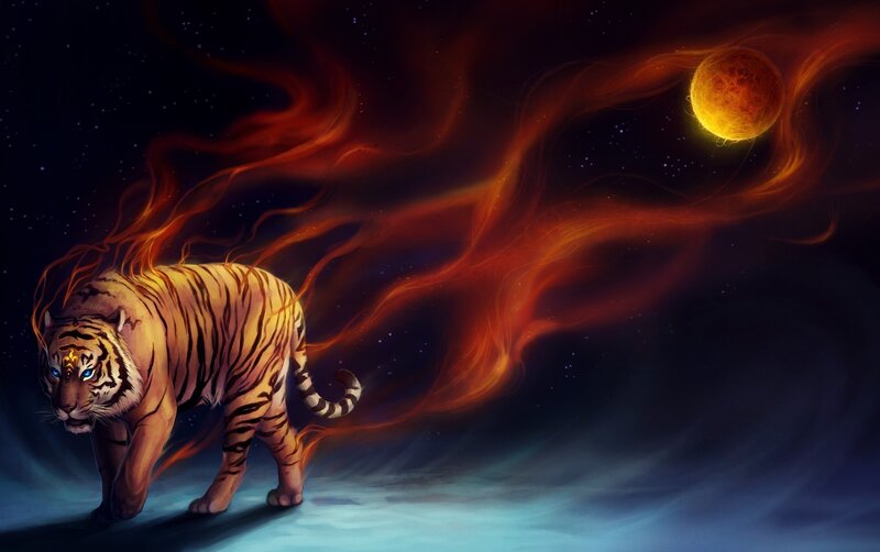 Tiger with Fire Aura — Orange, Dramatic, Night