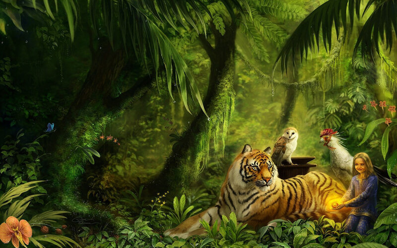 Tiger with Girl in Jungle — Green