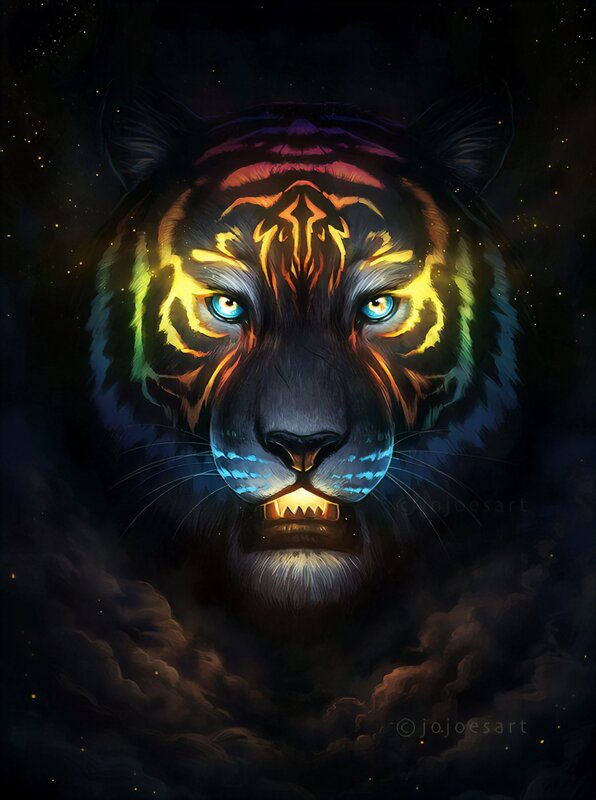 Tiger with Glowing Eyes — Black, Dramatic, Night, Digital Art