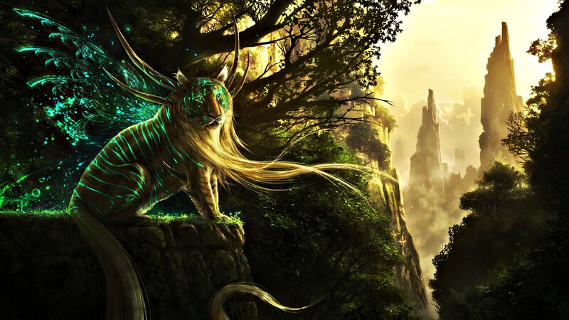 Tiger with Wings and Antlers — Green, Dramatic