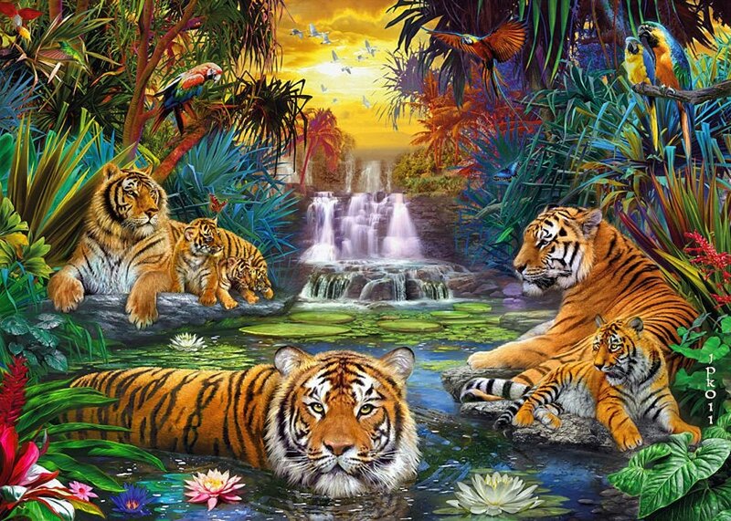 Tigers in Jungle — Green, Serene