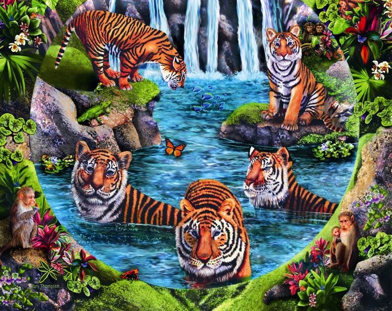 Tigers in Jungle Stream — Green