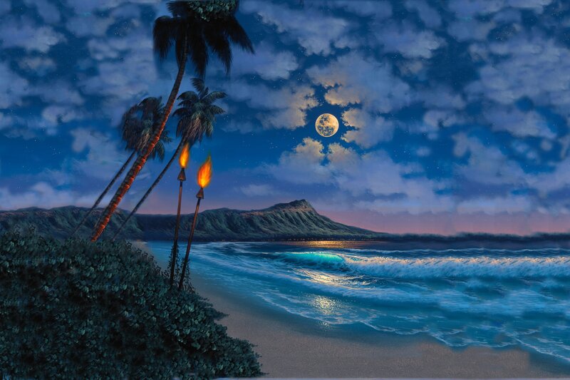 Tiki Torches on Beach — Blue, Serene, Night