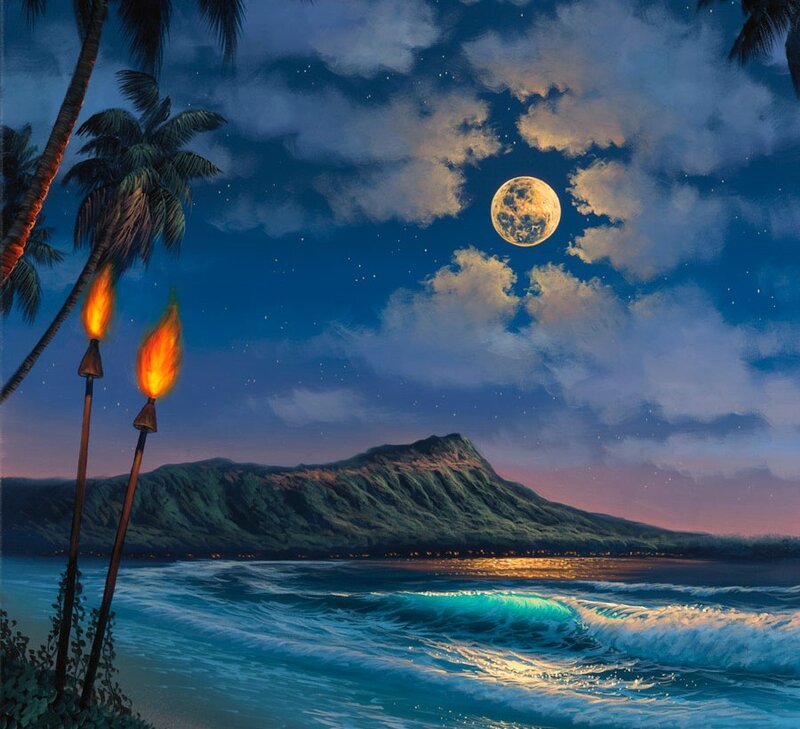 Tiki Torches on Beach — Blue, Serene