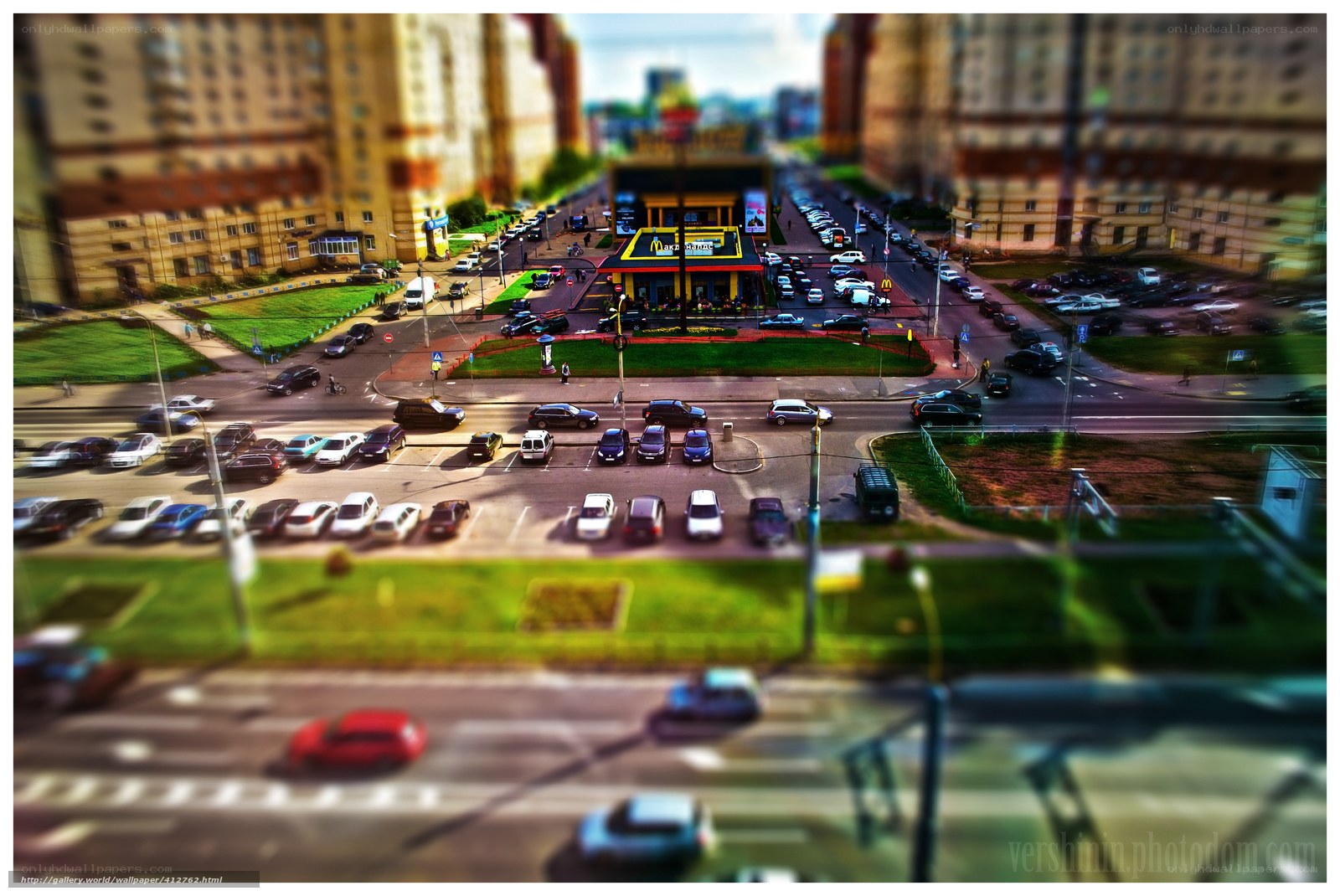 Tilt-shift city scene with McDonald's