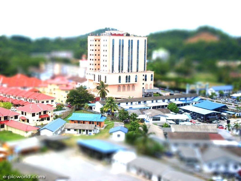 tilt-shift cityscape with tall building