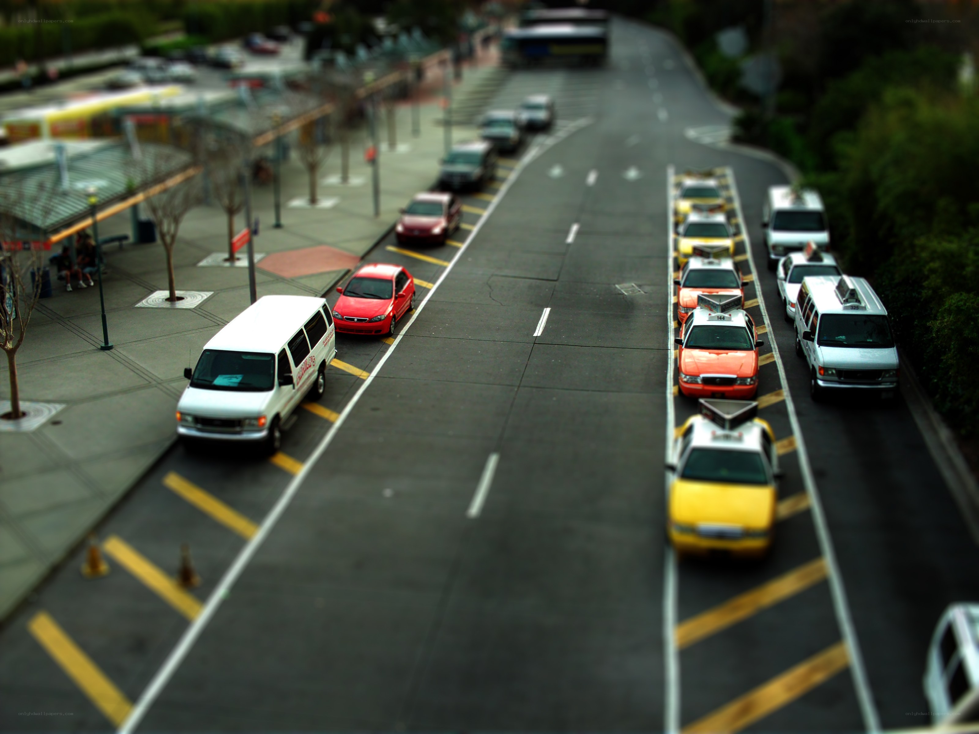 Tilt-shift street scene with taxis