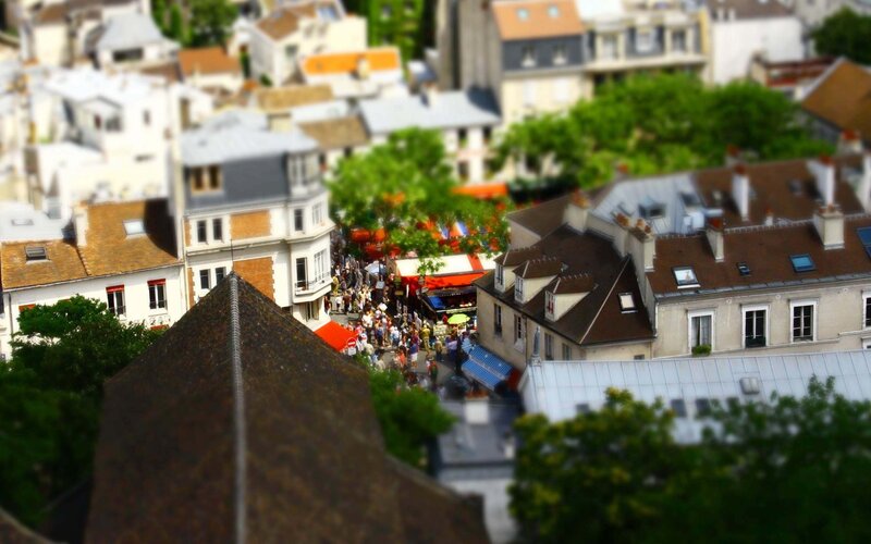 tilt-shift view of a busy market