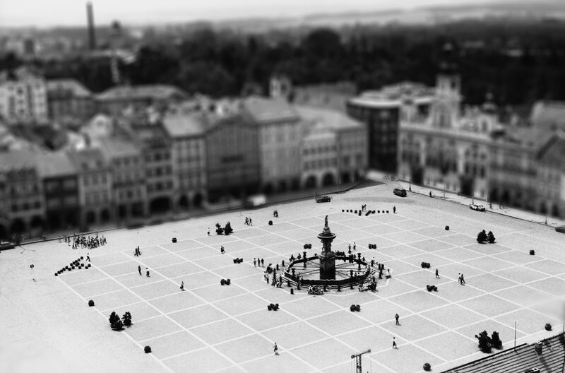 Tilt-shift view of a city square