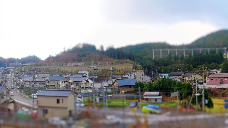 tilt-shift view of a Japanese town