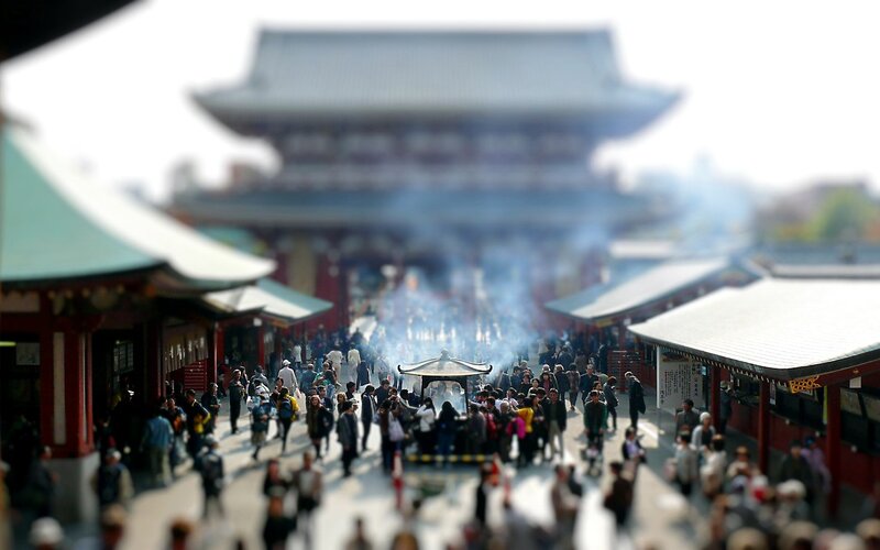 Tilt-shift view of a temple festival