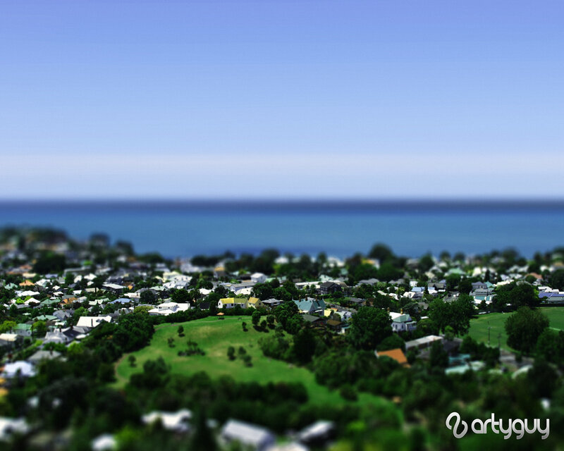 Tilt-shift view of coastal town