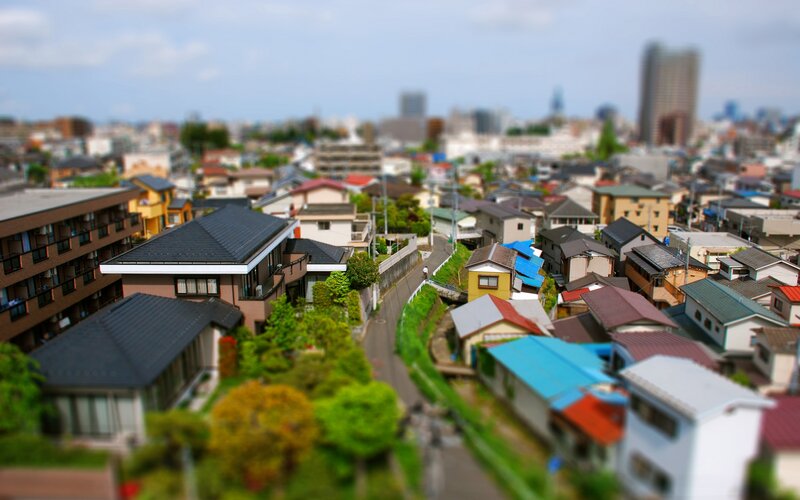 tilt-shift view of residential neighborhood