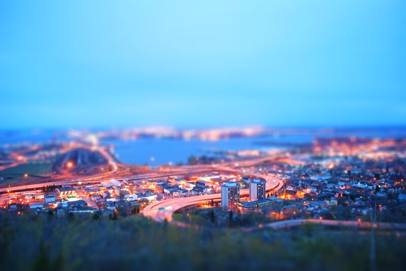 Tilted cityscape at dusk