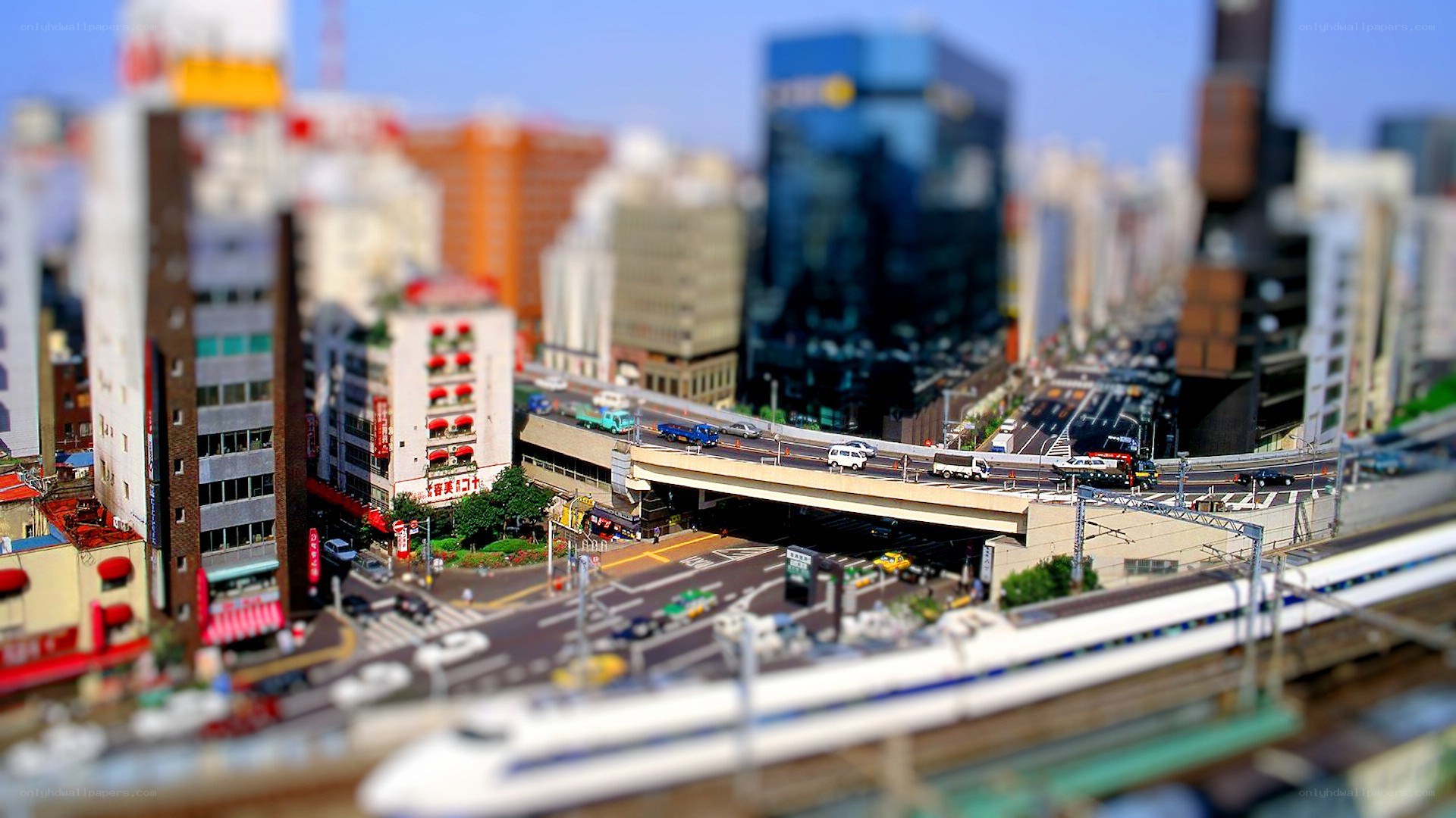 Tilted cityscape with train