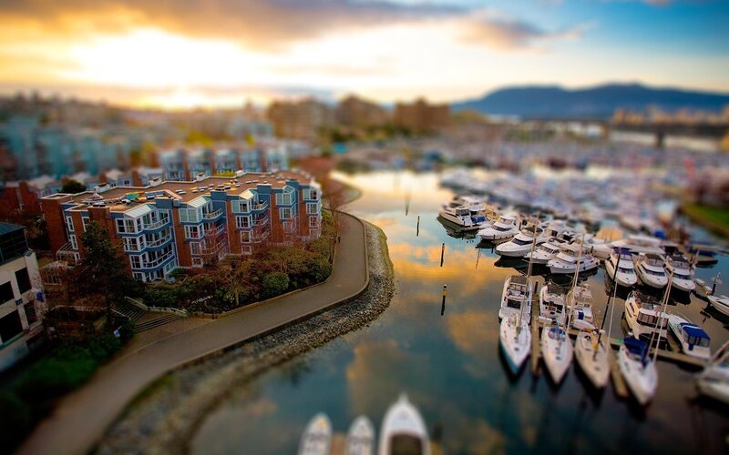 Tilted view of marina at sunset