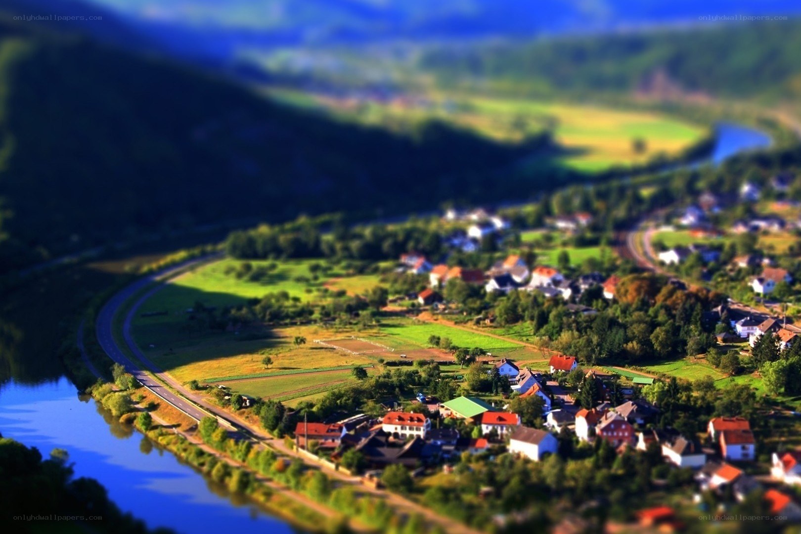 Tilted village by the river