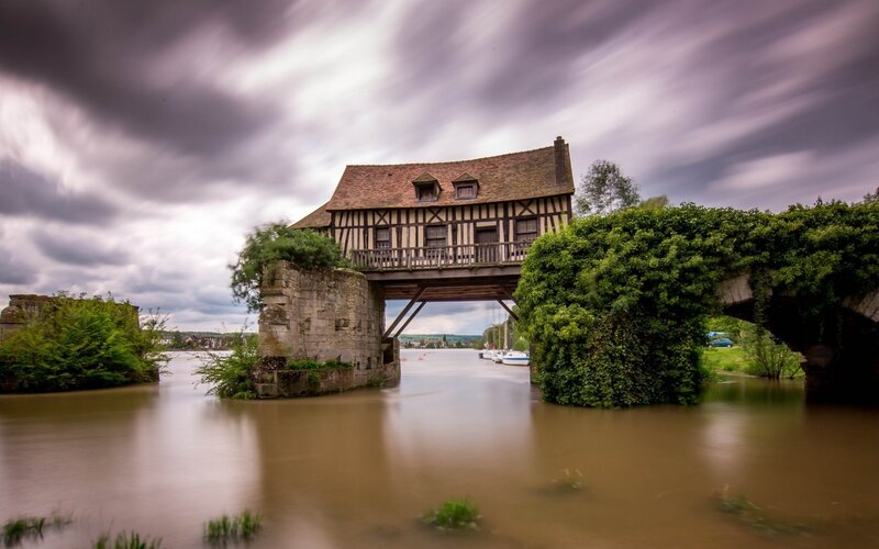 Timber-framed House on Bridge — Brown, Dramatic