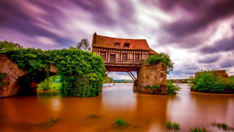 Timber-framed House on Bridge — Purple, Dramatic