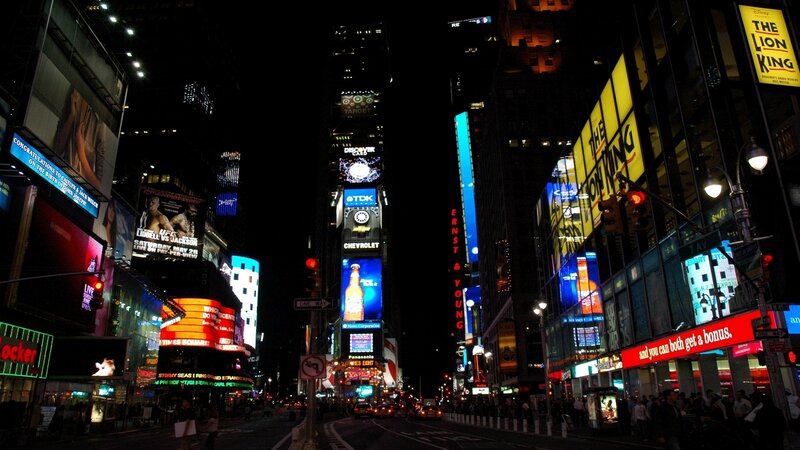 Times Square at Night — Black, Lively, Photograph, Billboards, Traffic Lights