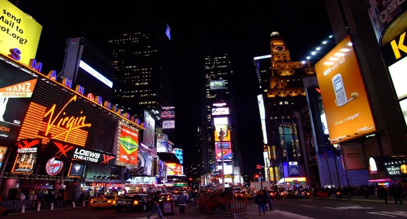 Times Square at Night — Black, Lively, Photograph